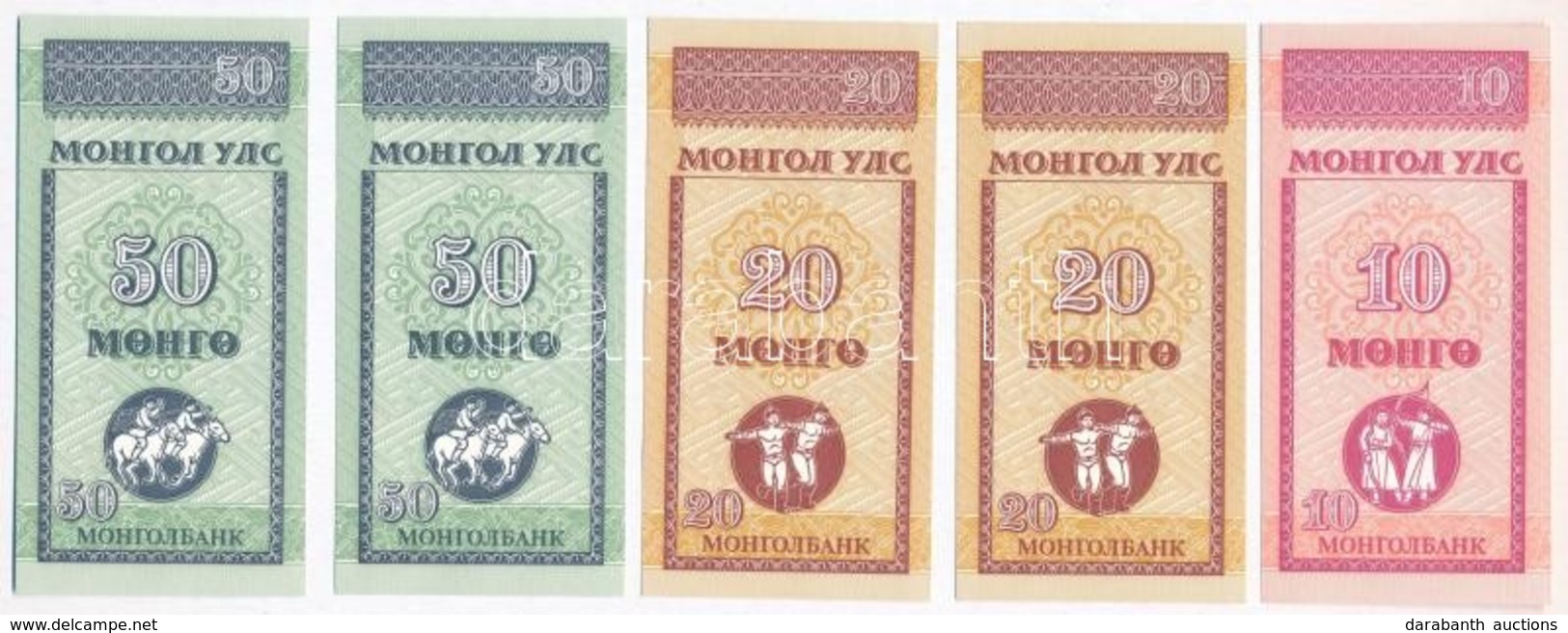 Mongólia 1993. 10M + 20M (2x) + 50M (2x) T:I 
Mongolia 1993 10 Mongo + 20 Mongo (2x) + 50 Mongo (2x) C:UNC 
Krause KM#49 - Ohne Zuordnung