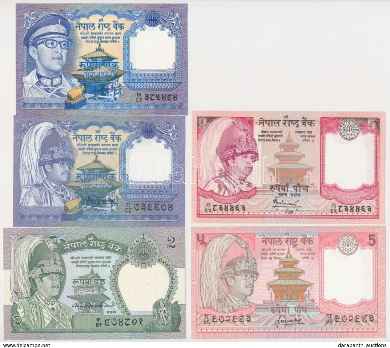 Nepál 1974. 1R (2x) + 1981. 2R + 1987. 5R + 2002 5R T:I,I-. 
Nepal 1974. 1 Rupee (2x) + 1981. 2 Rupees + 1987. 5 Rupees  - Ohne Zuordnung