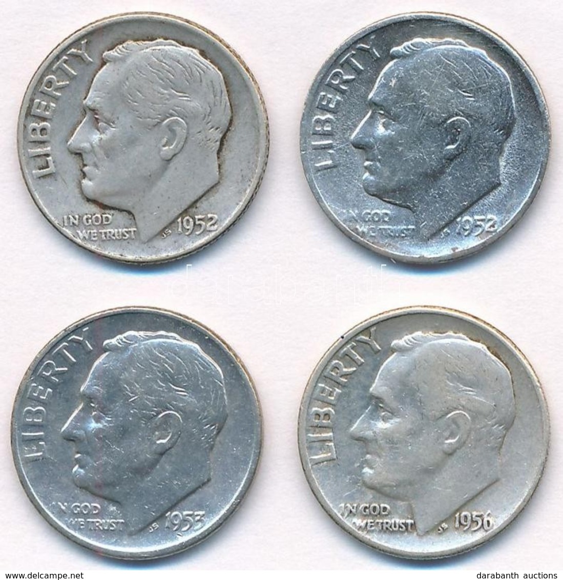 Amerikai Egyesült Államok 1952D-1956. 1d Ag 'Roosevelt' (4xklf) T:2,2- 
USA 1952D-1956. Dime Ag 'Roosevelt' (4xdiff) C:X - Ohne Zuordnung