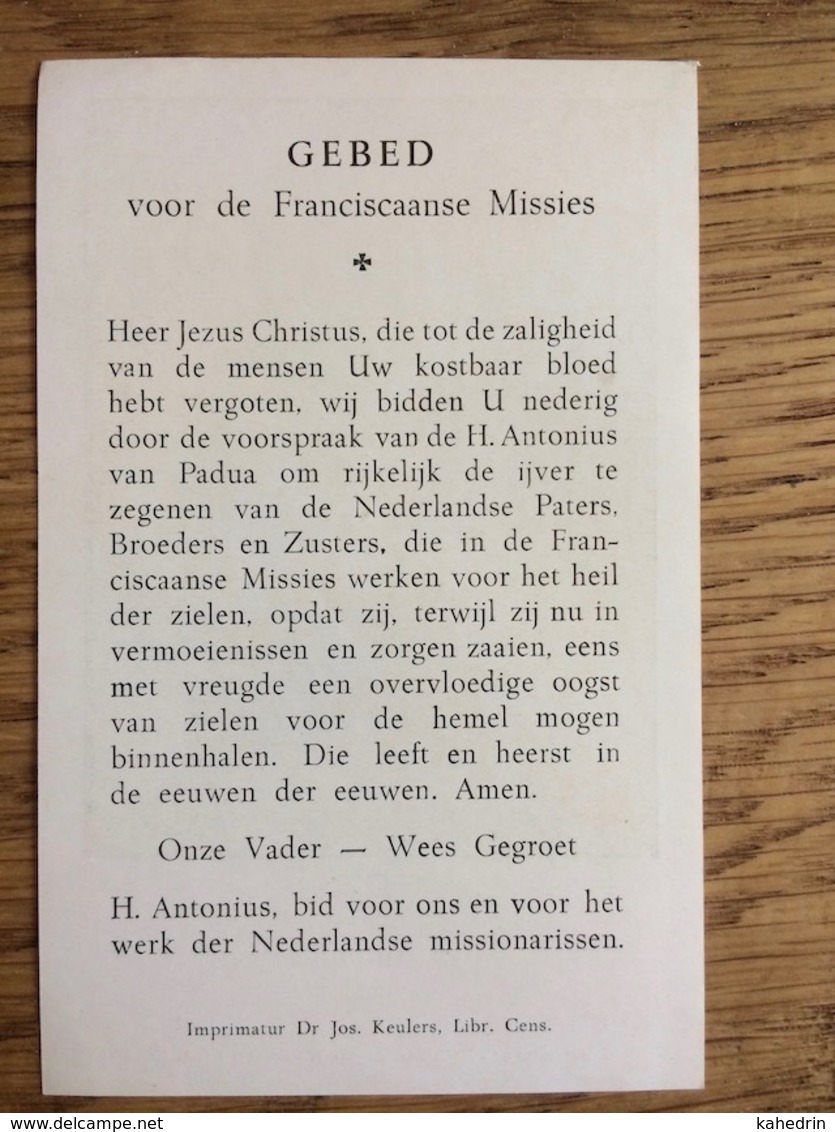 S. Antonius, Wynand Geraerdts, Gebed Voor De Franciscaanse Missies 1948, Imprimatur Dr. Jos. Keulers - Devotieprenten