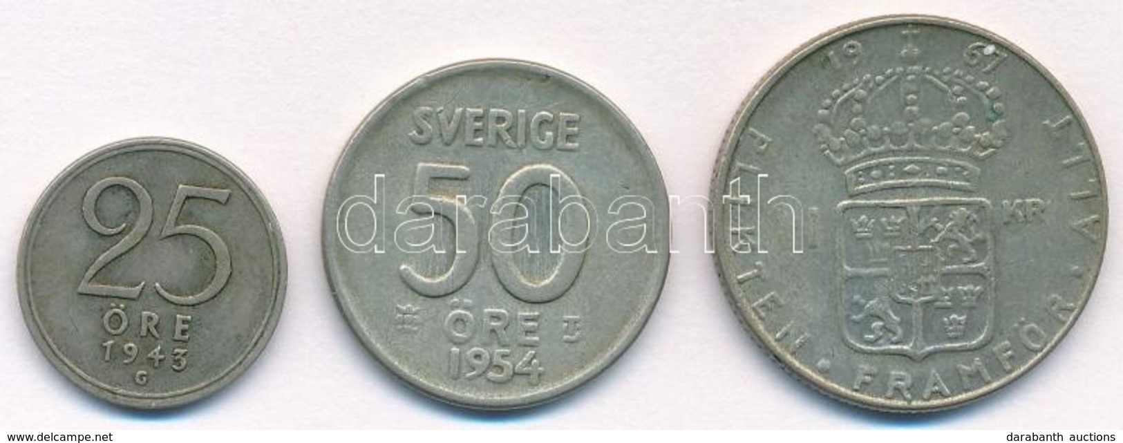 Svédország 1943G 25ö Ag + 1954TS 50ö Ag + 1967U 1K Ag T:2,2-
Sweden 1943G 25 Ore Ag + 1954TS 50 Ore Ag + 1967U 1 Krona A - Ohne Zuordnung