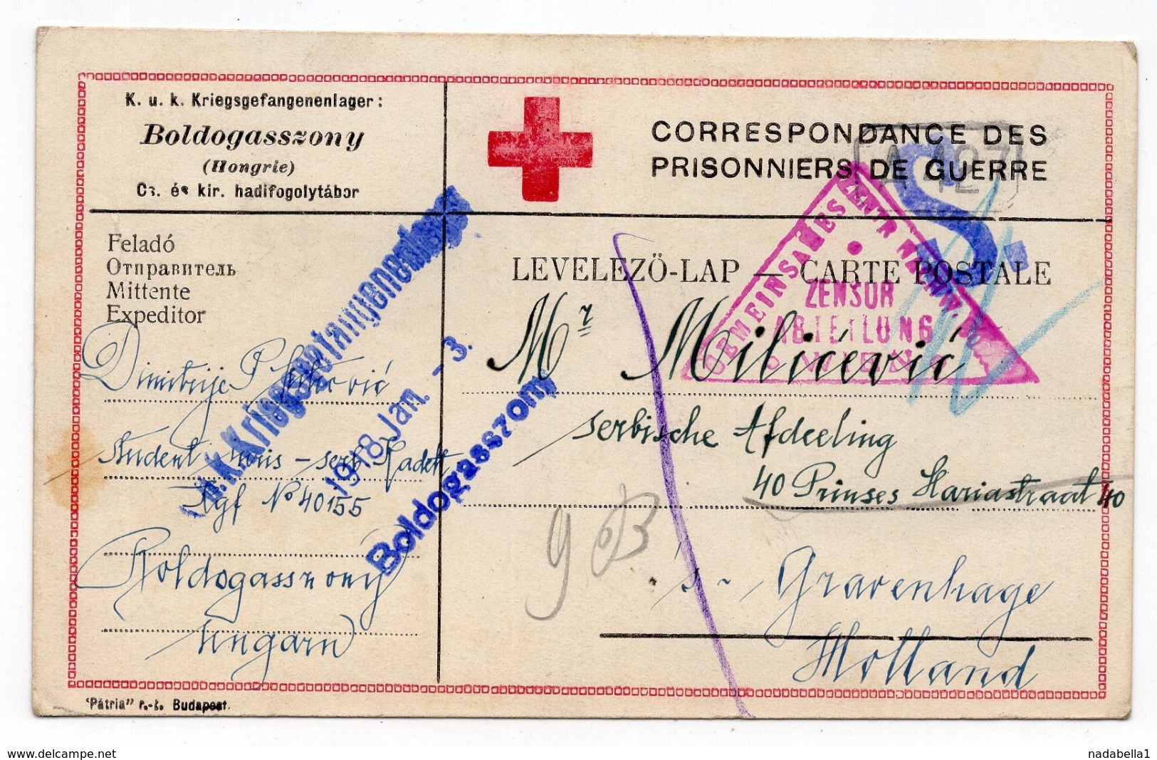 03.01.1918, WWI, HUNGARY, BOLDOGASSZONY, CENSORED IN VIENNA, POW CARD TO HAAG, HOLLAND, S IN PURPLE FOR SERBIAN - Postal Stationery