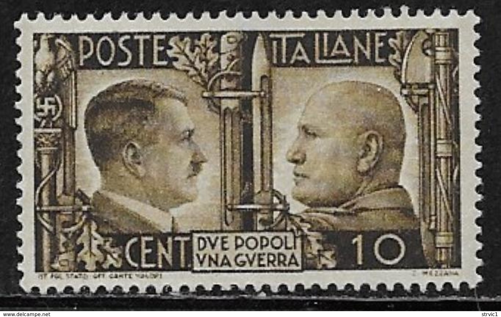 Italy Scott # 413 Unused No Gum Hitler And Mussolini, 1941 - Mint/hinged