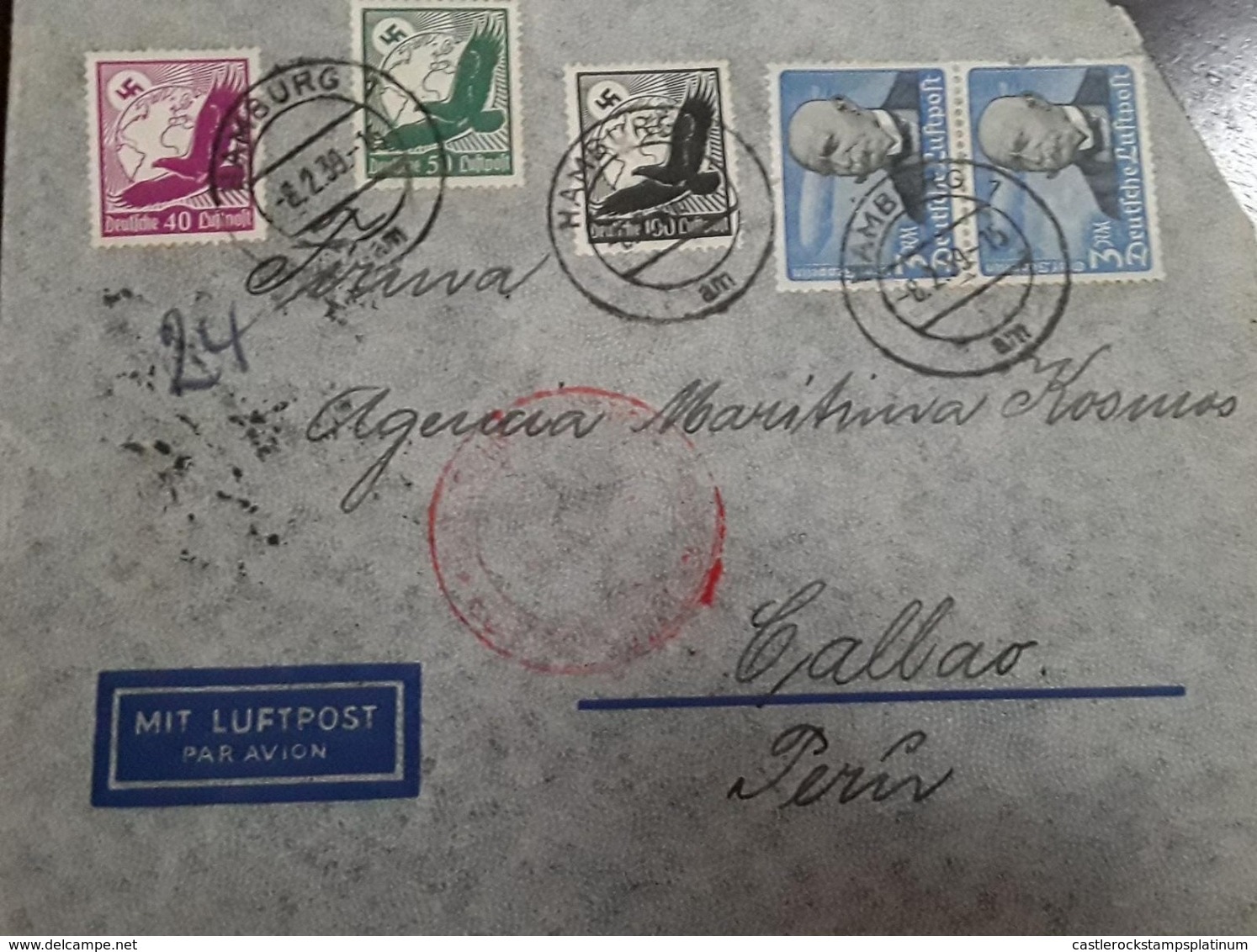 O) 1939 GERMANY, FERDINAND VON ZEPPELIN AND ZEPPELIN 3m, SWASTIKE SUN - EAGLE, MIT LUFTPOST, AIRMAIL TO CALLAO - Other & Unclassified
