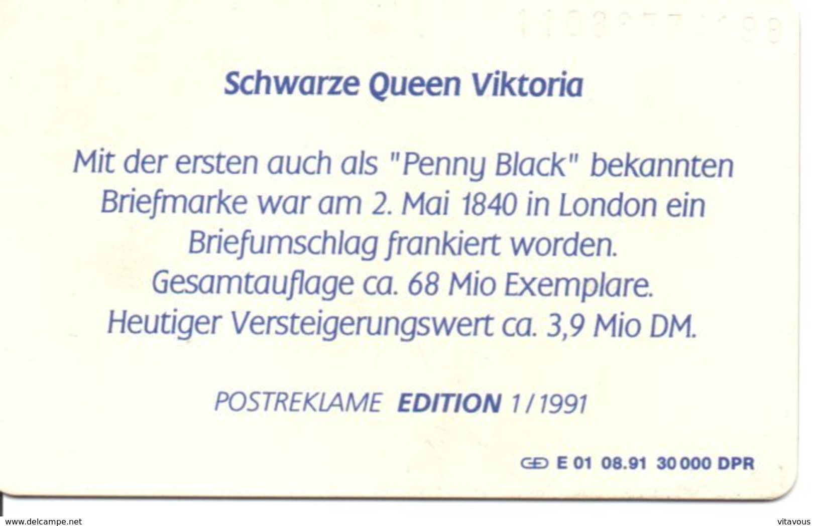 Timbre Stamp Reine Victoria Queen Télécarte Allemagne édition 1/1991 Phonecard  (G 187)) - E-Series : Edizione Della D. Postreklame