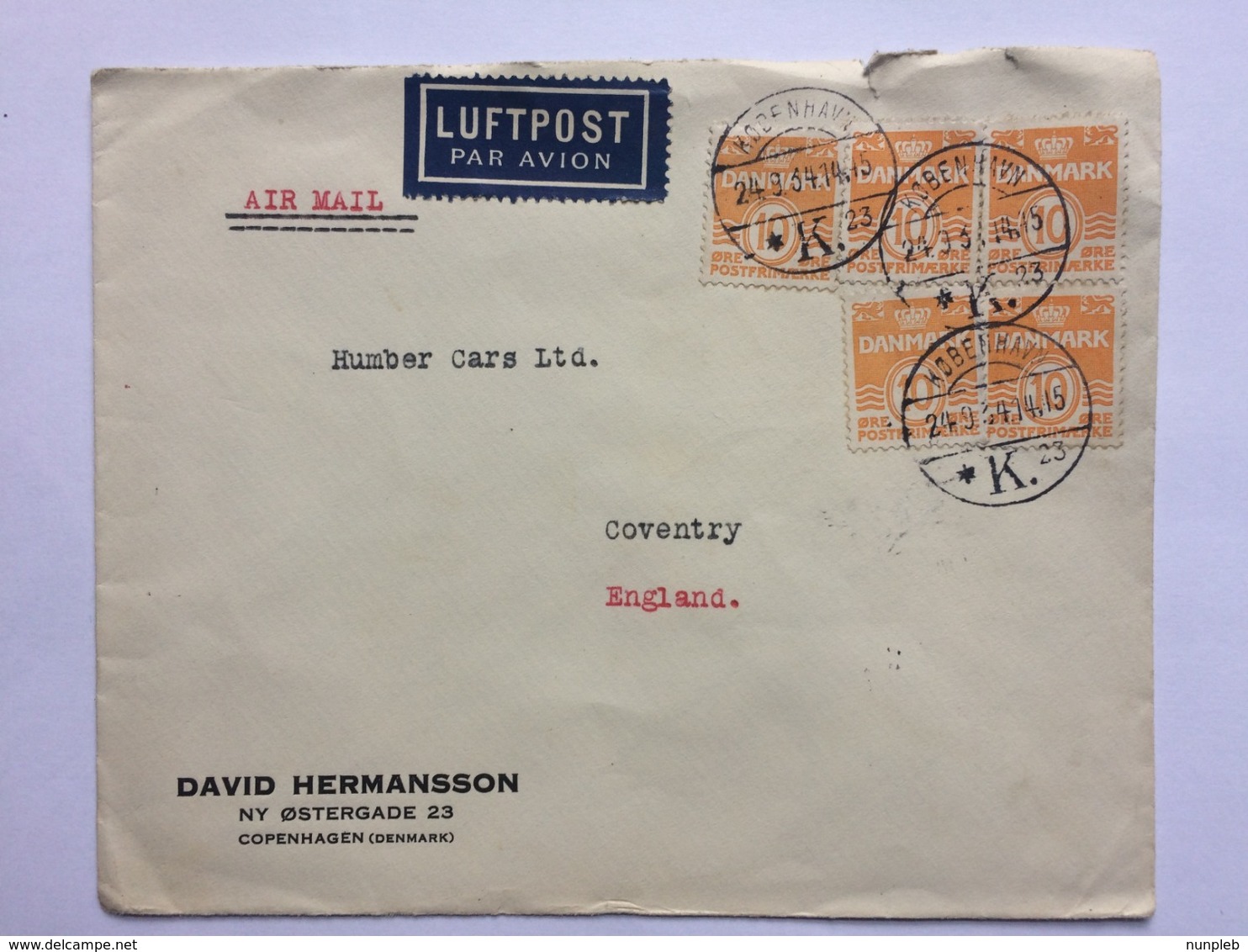 DENMARK 1934 Air Mail Cover Kobenhavn To Humber Cars Coventry England - Lettres & Documents