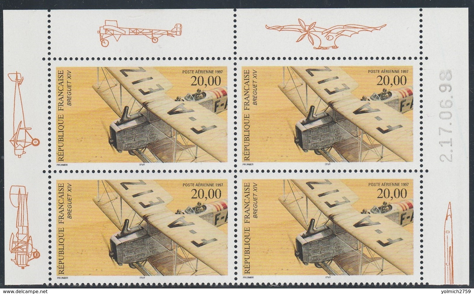 PA 61a 20 F. BREGUET XIV - CD 17.06.98 De Feuillet De 10 - BORDS De FEUILLET ILLUSTRES - Poste Aérienne