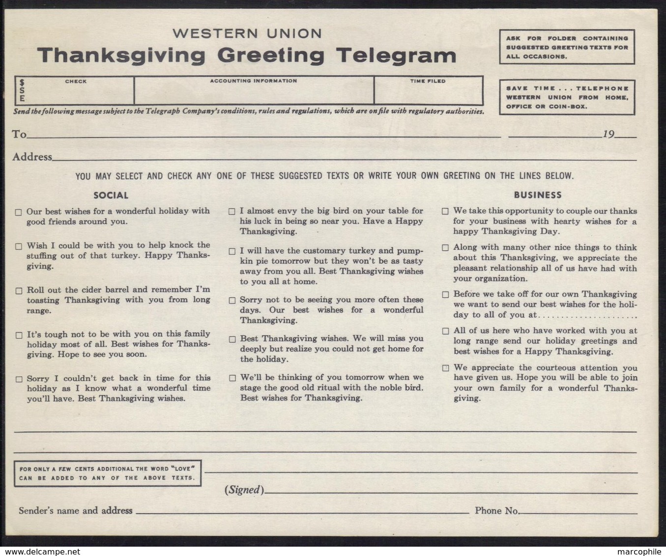 POTIRON - DINDE - THANKSGIVING - FEU - AMEUBLEMENT ETC / 1965 USA TELEGRAMME DE LUXE ILLUSTRE (ref WU3) - Vegetables