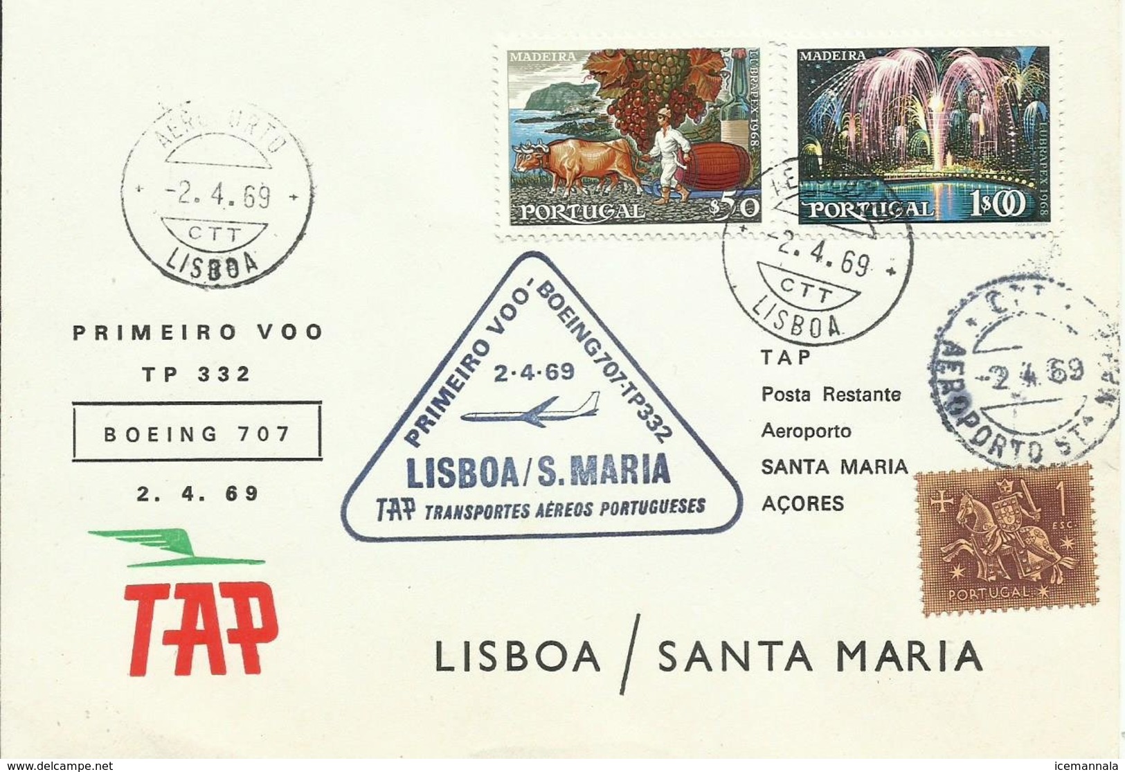 PORTUGAL, SOBRE CONMEMORATIVO PRIMER VUELO LISBOA/SANTA MARIA - Cartas & Documentos