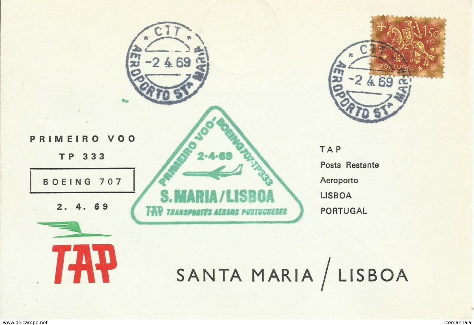 PORTUGAL, SOBRE CONMEMORATIVO PRIMER VUELO LISBOA/SANTA MARIA - Cartas & Documentos