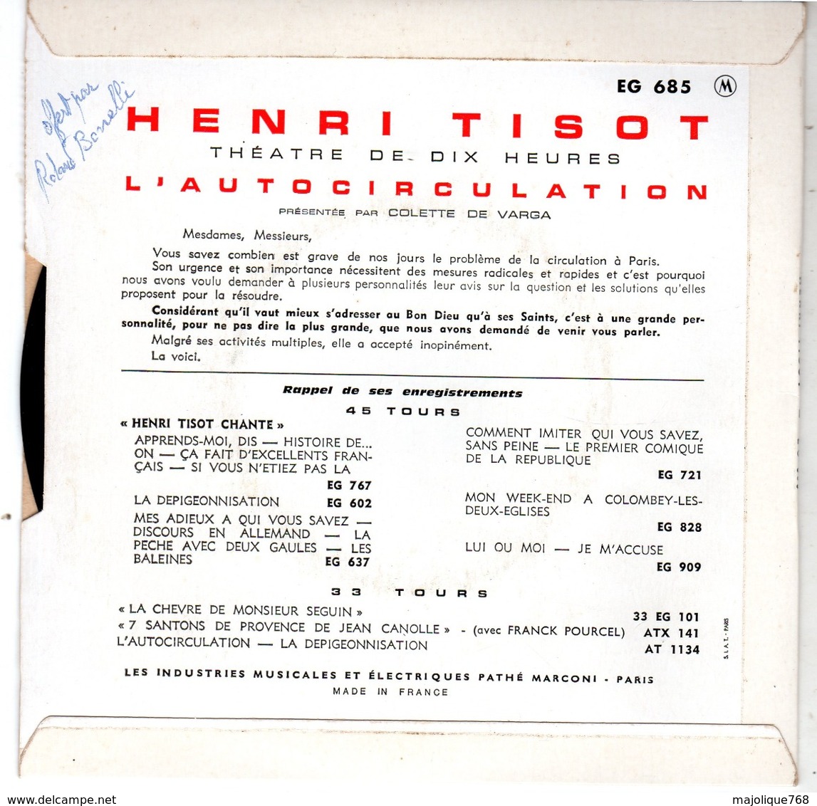 Henri Tisot - L'Autocirculation - Pathé EG 685 - 1962 - Humor, Cabaret