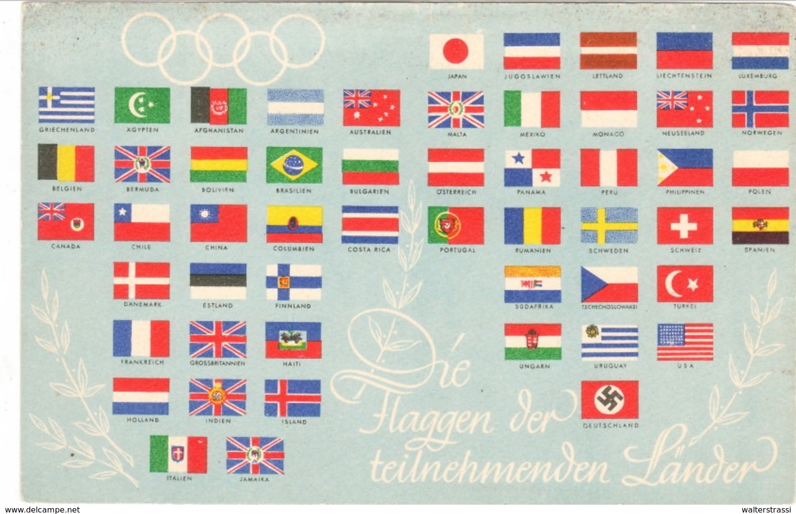 Propaganda Karte III. Reich, Olympia " Die Flaggen Der Teilnehmenden Länder " Stpl. Reichssportfeld Berlin - Weltkrieg 1939-45