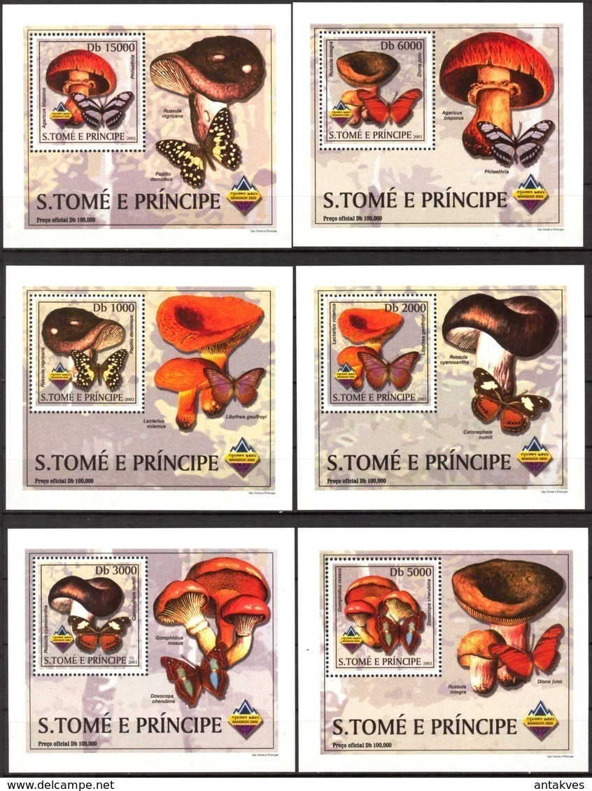 A{074} Sao Tome & Principe 2003 Mushrooms Butterflies 6 S/S Deluxe MNH** - Sao Tome En Principe