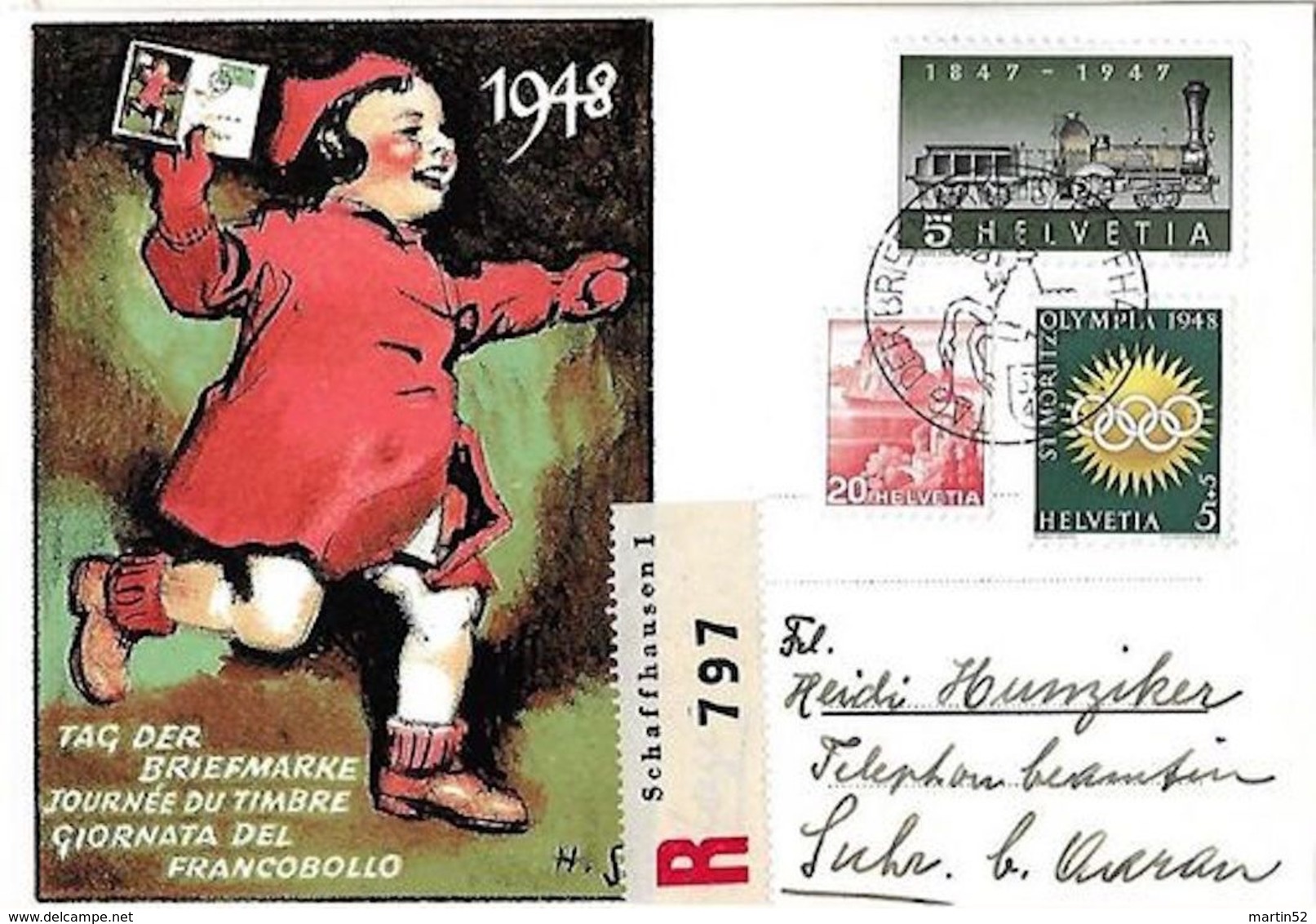 Schweiz Suisse 1948: Bild-PK ( R797) Mit O TAG DER BRIEFMARKE 5.XII.48 SCHAFFHAUSEN (Zu CHF 14.00) - Tag Der Briefmarke