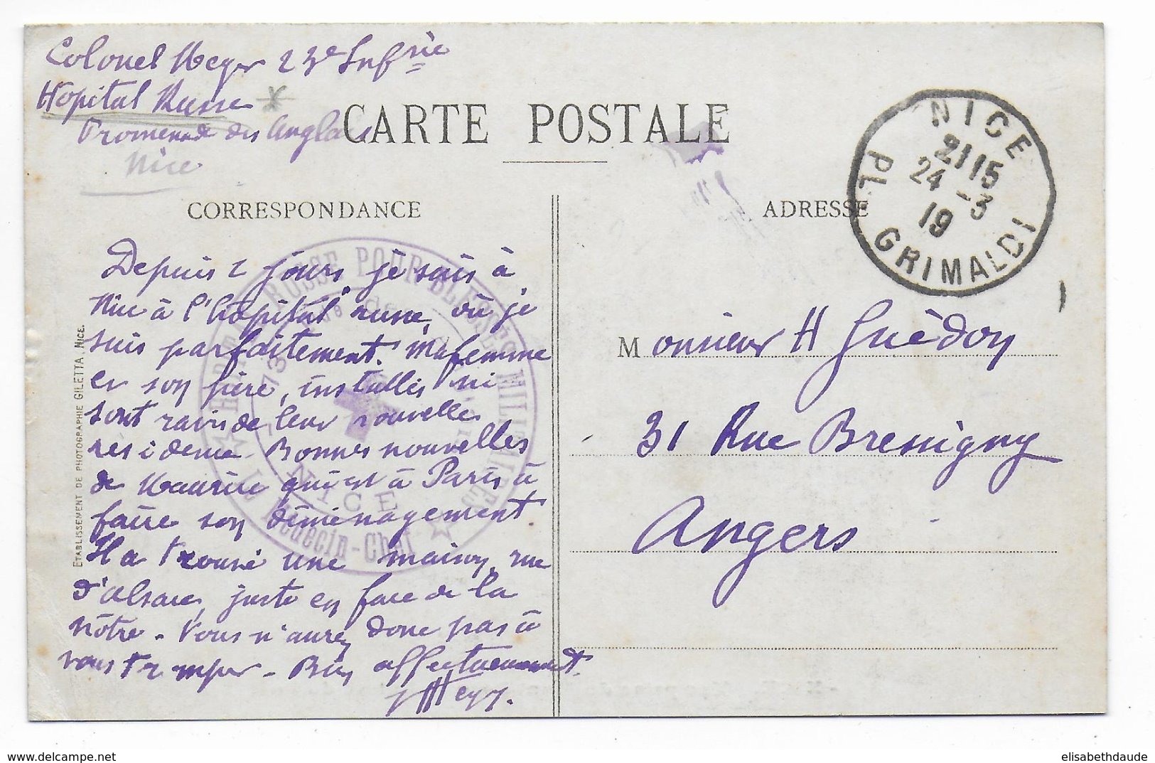 1919 - HOPITAL RUSSE POUR LES BLESSES MILITAIRESà NICE ! - CARTE => ANGERS - WW I