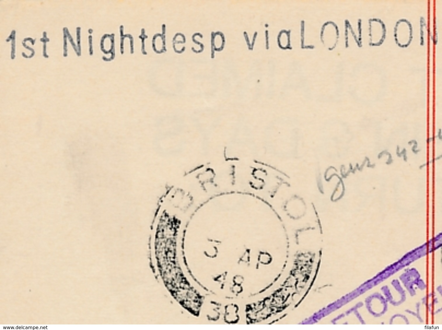 Nederland / UK - 1948 - 12,5 Cent Wilhelmina Type Hartz, Briefkaart G295, First Nightdesp Amsterdam - Bristol Via London - Luftpost