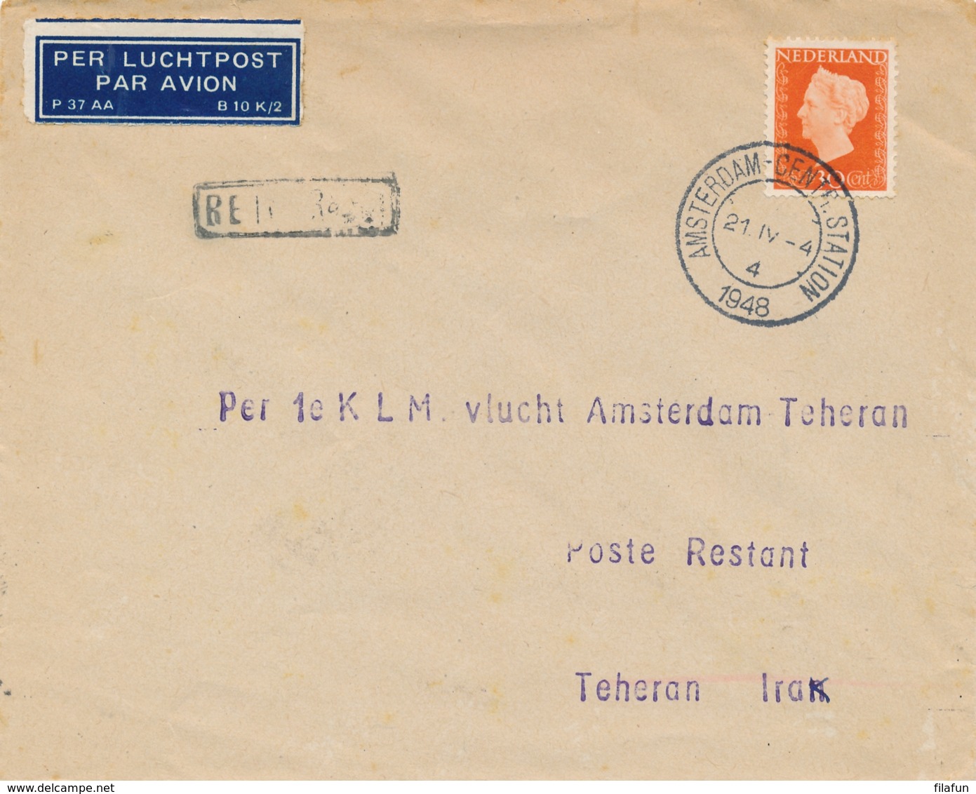 Nederland / Iran - 1948 - 30 Cent Wilhelmina Type Hartz Op Cover First Flight Amsterdam - Teheran - Luftpost