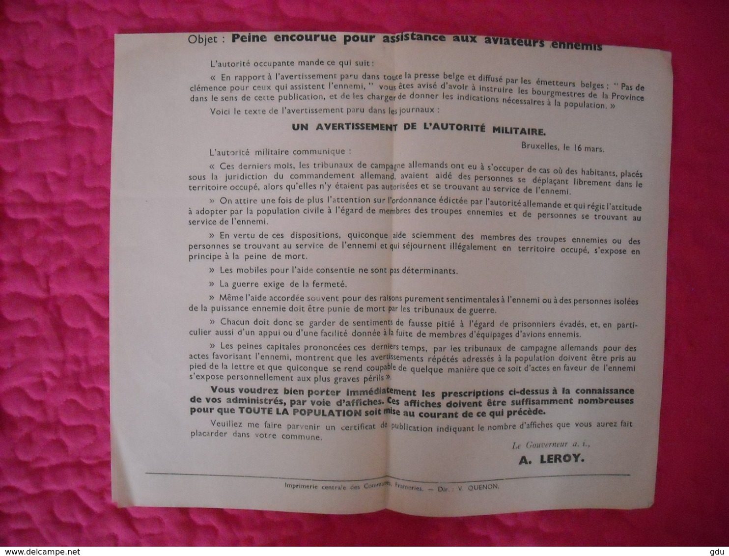 Avis Communal émanant Des Autorités Allemandes (assistance Aux Aviateurs Ennemis) 1942 - 1939-45