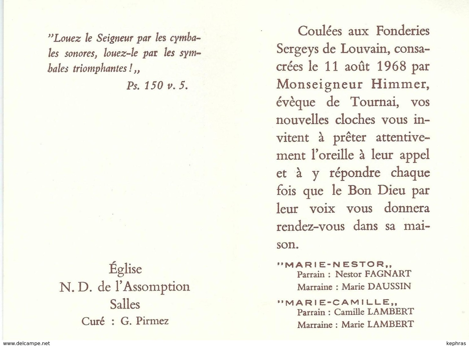 SALLES LEZ CHIMAY - Souvenir De La Bénédiction Des Nouvelles Cloches De L'Eglise En 1968 - Devotieprenten