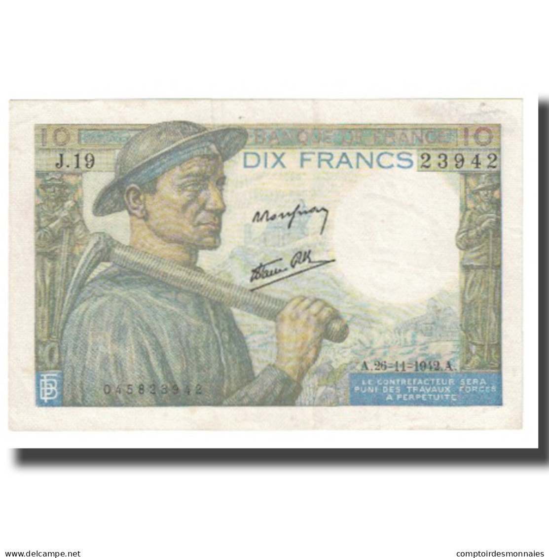 France, 10 Francs, Mineur, 1942, 1942-11-26, TTB, Fayette:8.3, KM:99b - 10 F 1941-1949 ''Mineur''