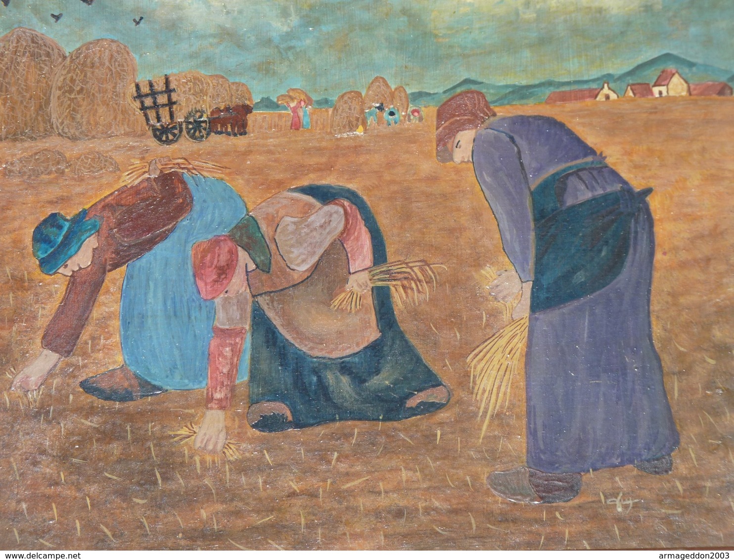 TABLEAU BELLE PEINTURE HUILE SUR BOIS SCÈNE CHAMPÊTRE PERSONNAGES SIGNE 1994 - Huiles