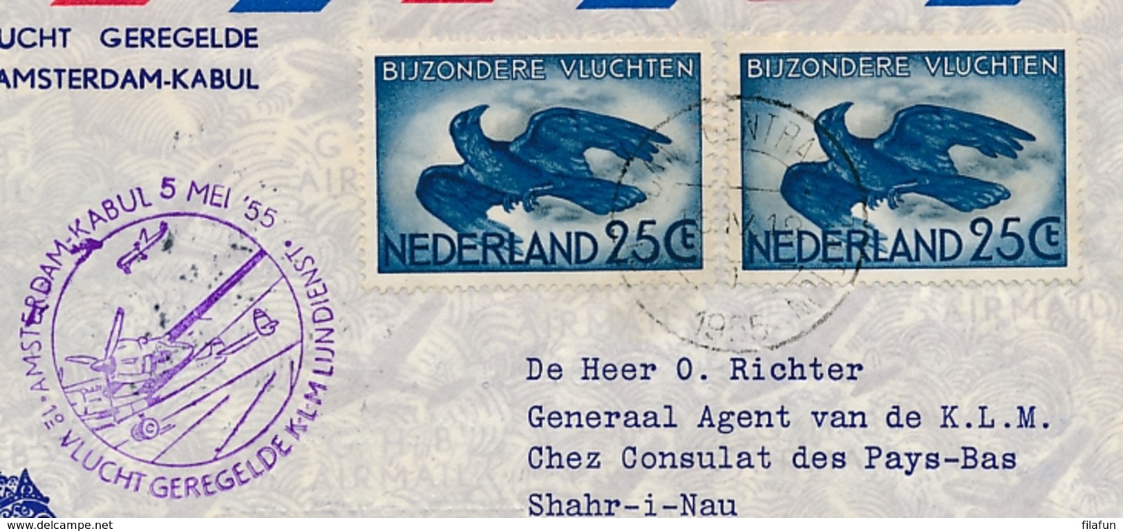 Nederland / Afghanistan - 1955 - 2x 25c Kraai Op Cover First Flight Amsterdam - Kaboul - Luftpost