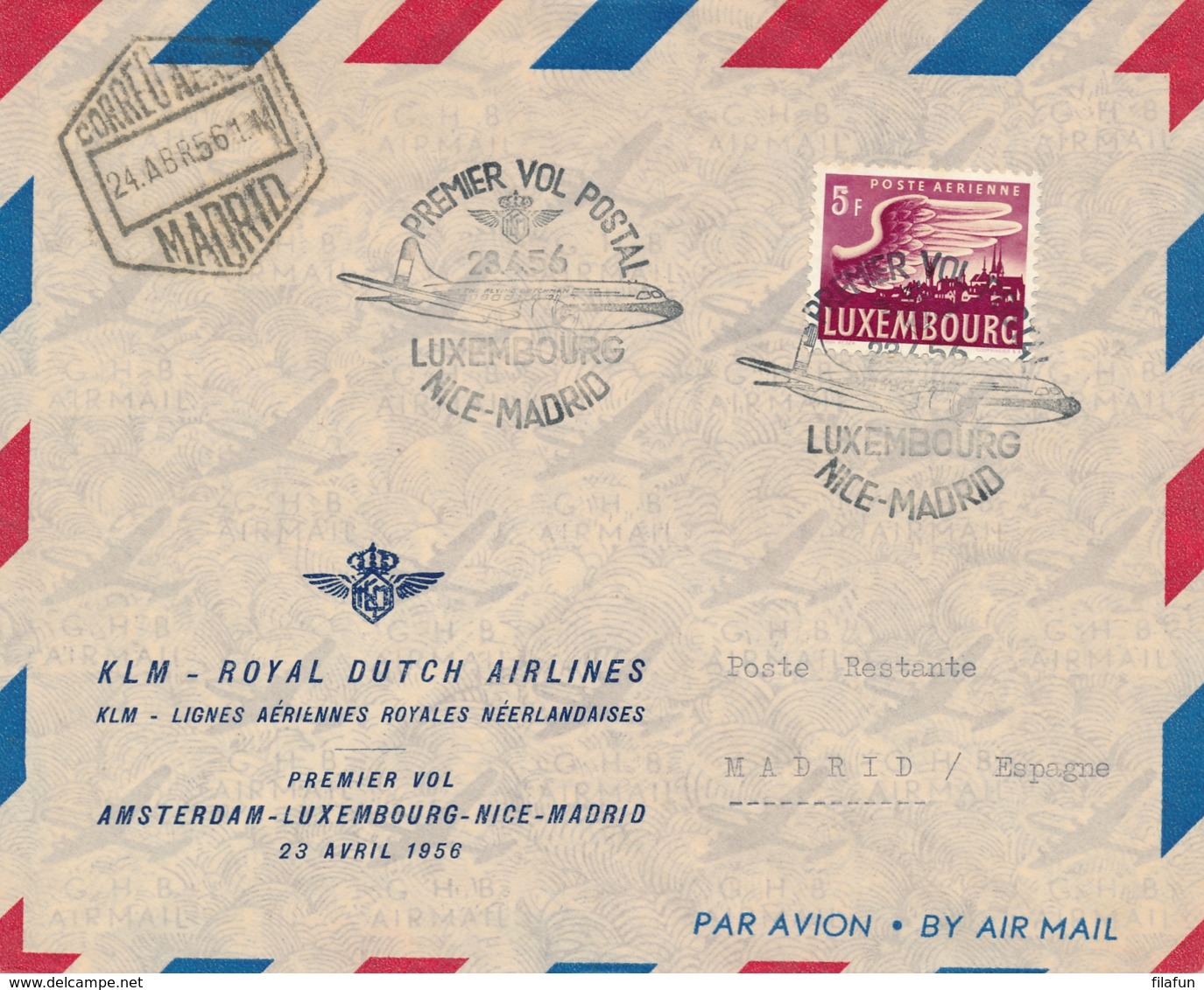 Nederland / Espagne - 1956 - Trajectpost  Luxembourg - Madrid Op First KLM Flight Amsterdam - Madrid - Luchtpost