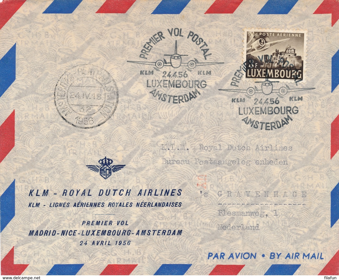 Nederland / Espagne - 1956 - Trajectpost  Luxembourg - Amsterdam Op First KLM Flight Madrid - Amsterdam - Luftpost