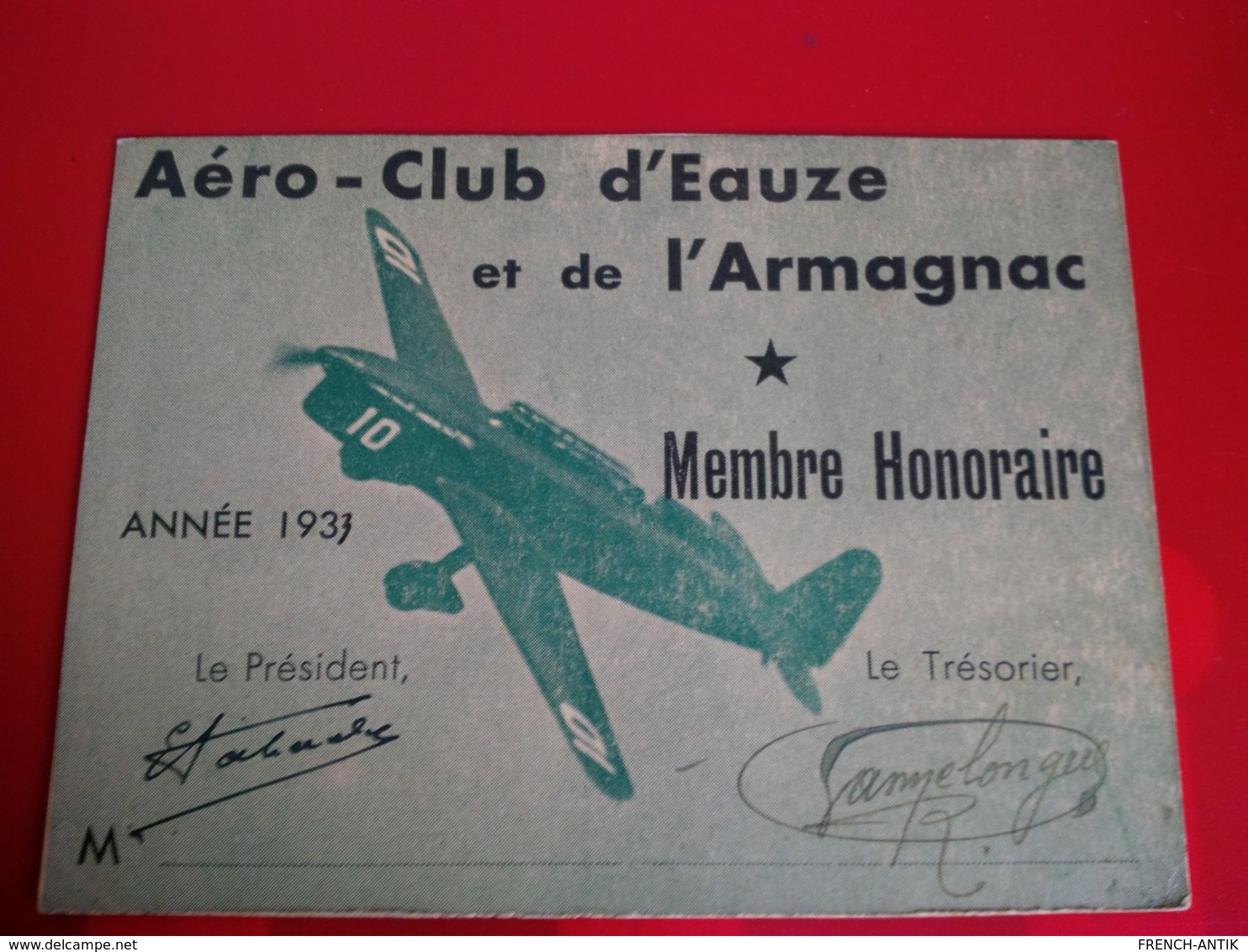 AERO CLUB D EAUZE ET DE L ARMAGANC CARTE DE MAMBRE HONORAIRE 1933 - Autres & Non Classés