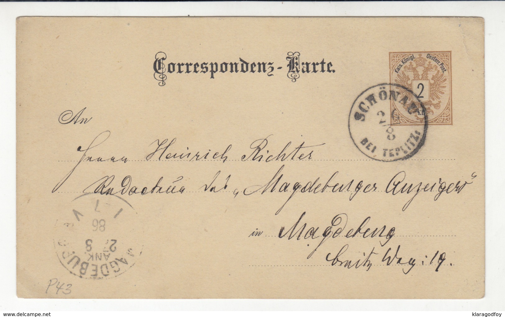 Austria Postal Stationery Postcard Travelled 1886 Schönau To Magdeburg B190901 - Altri & Non Classificati