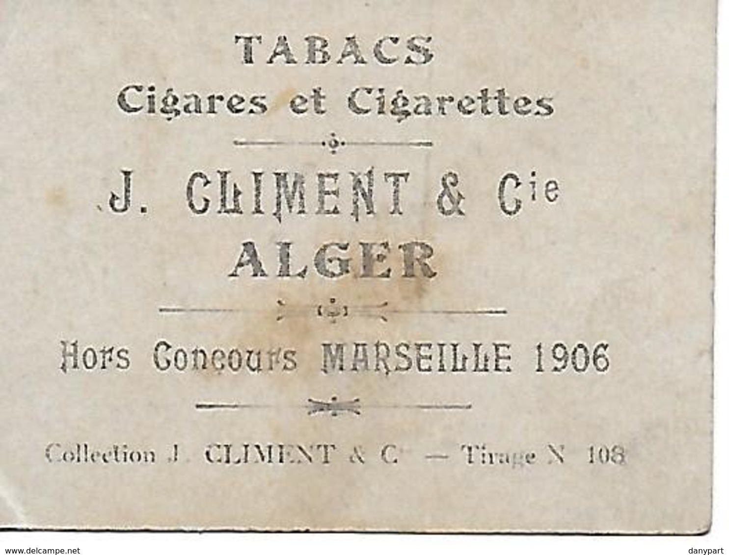 ALGER - Cigarettes Climent - " Isis " Collection Climent & Cie Tirage N° 108  Bon état 2 Scans - Climent