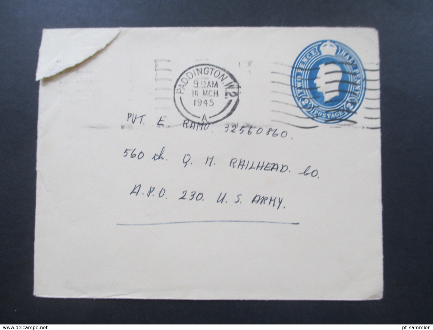 GB 16.3.1945 Die Letzten Kriegstage! GA Umschlag Paddington An Die US Army APO 230 Stempel US Army Postal Service - Briefe U. Dokumente
