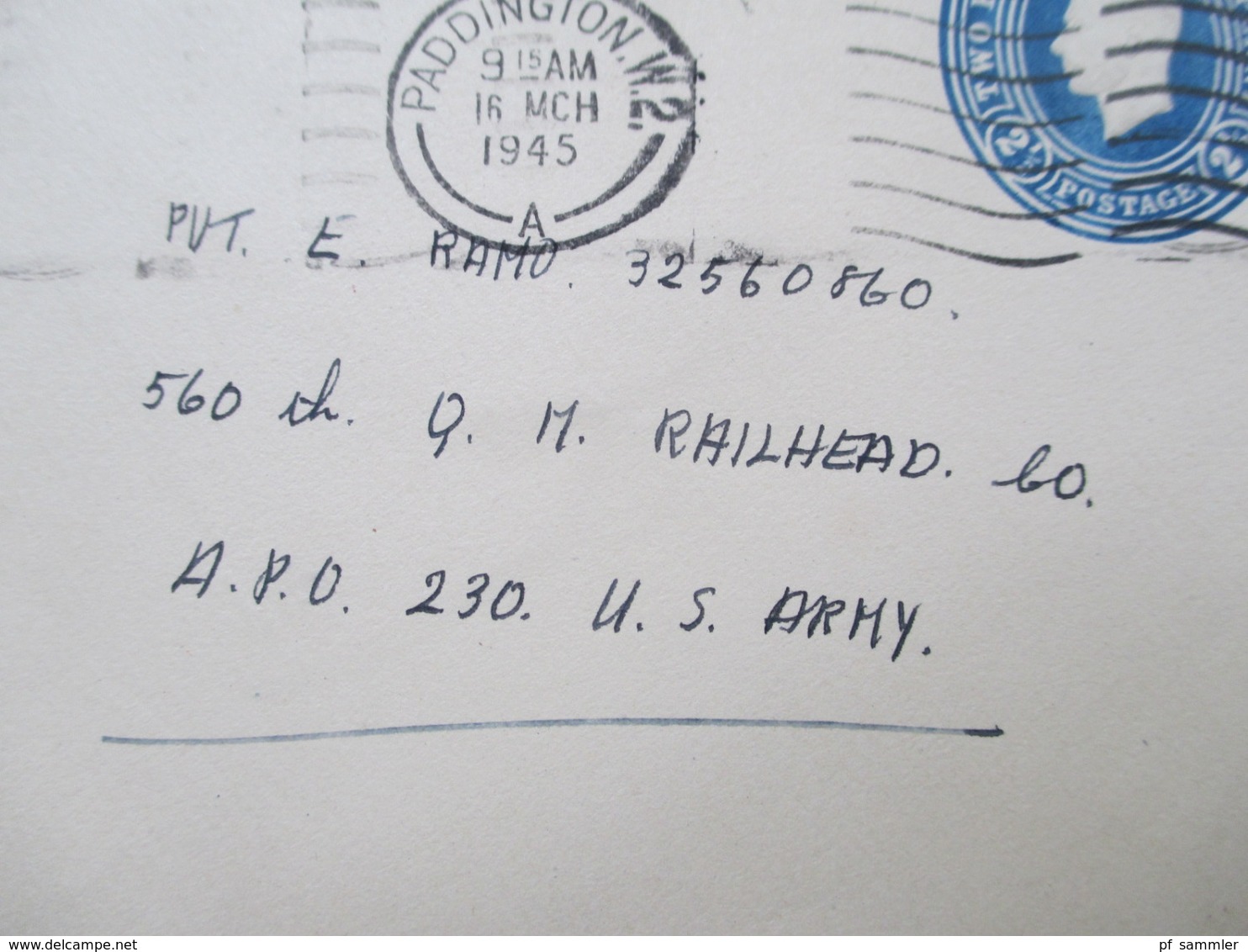 GB 16.3.1945 Die Letzten Kriegstage! GA Umschlag Paddington An Die US Army APO 230 Stempel US Army Postal Service - Briefe U. Dokumente