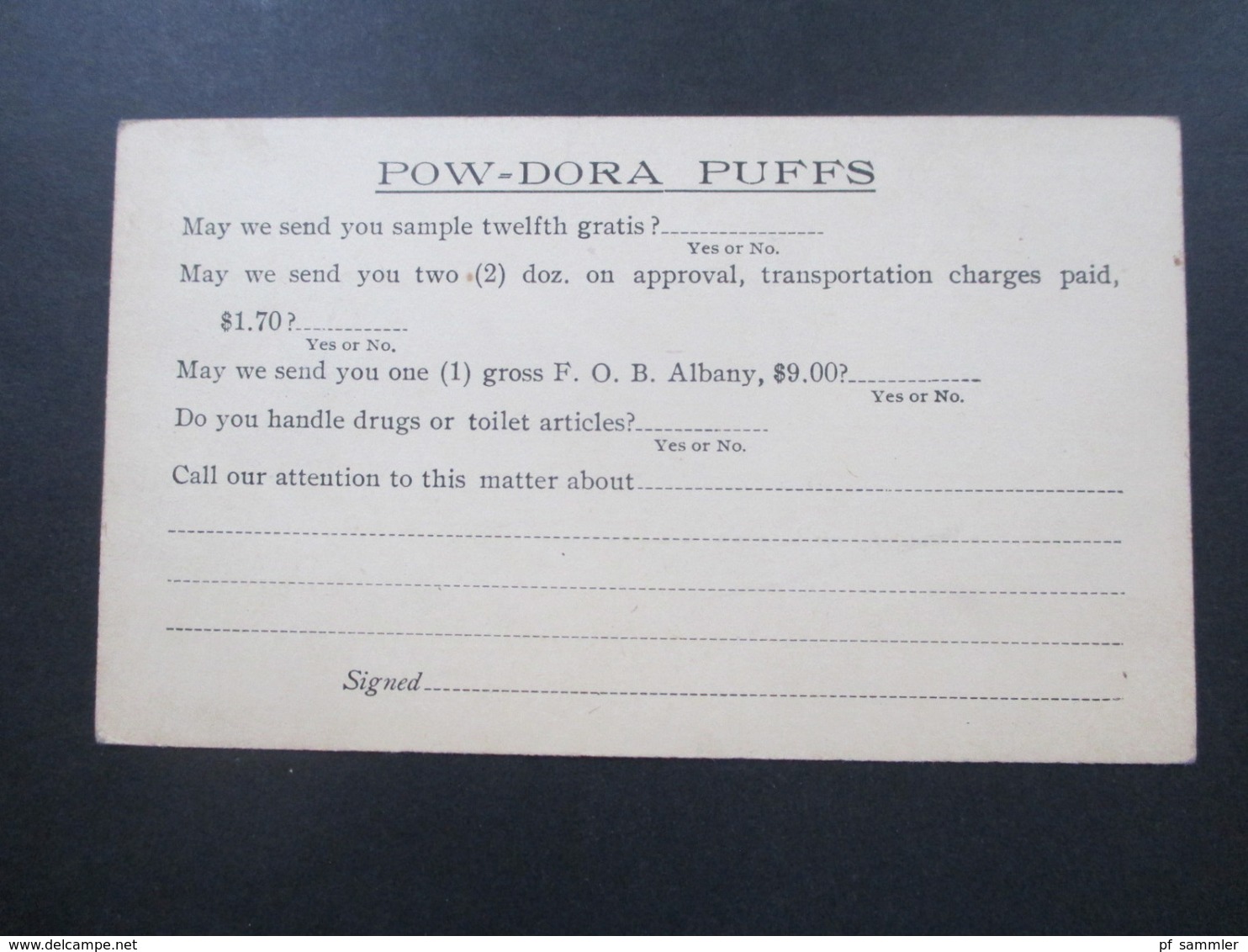 USA Um 1900 GA Fragekarte ? New York Knitting Mills Pow Dora Puffs Gedruckte Firmen Fragekarte - Lettres & Documents