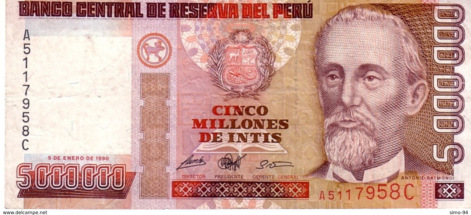 Peru P.149 5000000 Intis 1990  Vf+ - Perù