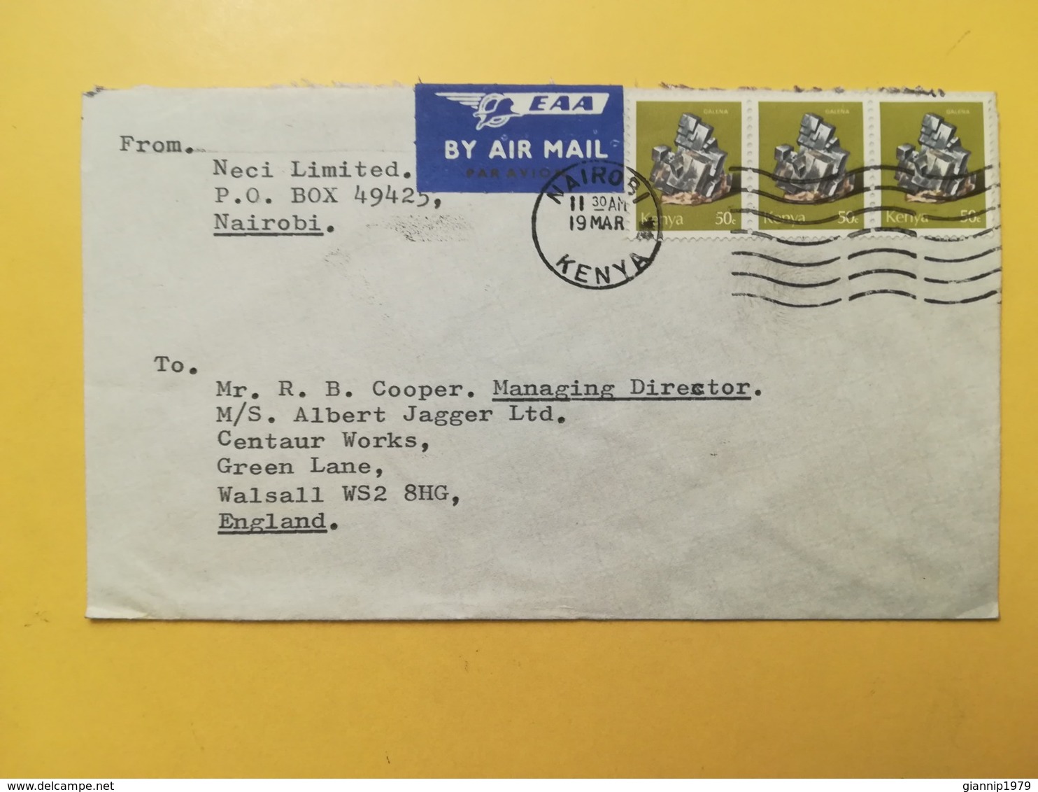 1977 BUSTA KENIA KENYA BOLLO MINERALI AIR MAIL ANNULLO OBLITERE NAIROBI DESTINAZIONE ENGLAND - Kenia (1963-...)