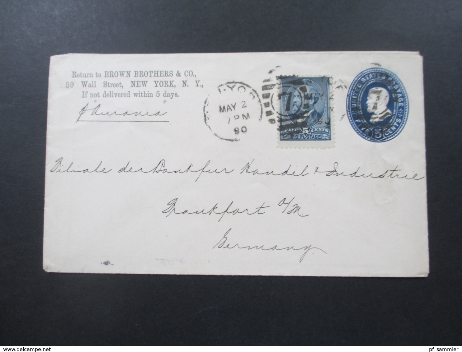 USA 1890 GA Umschlag Mit Zusatzfrankatur Nr. 57 Mit Ausgefallenem Zähnungsloch! Wall Street NY - Frankfurt - Cartas & Documentos