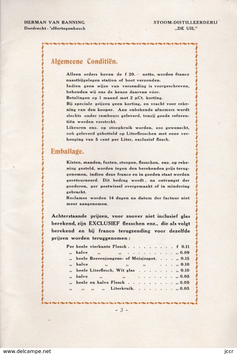 Prijs-courant 1915 Van Herman Van Banning - Stoom-Distilleerderij "de Uil" - Dordrecht 's Hertogenbosch - Holland - Cooking & Wines