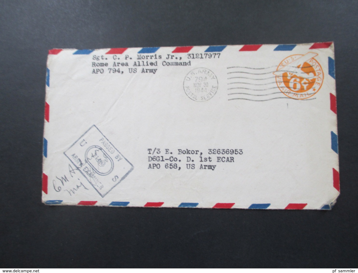 USA 1944 US Army Postal Servive Sgt. C.P. Morris Jr. 31217977 Rome Area Allied Command APO 794 US Army Army Examiner - Briefe U. Dokumente