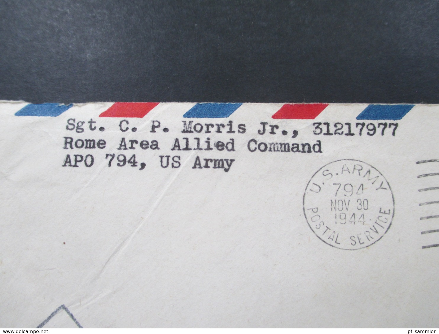 USA 1944 US Army Postal Servive Sgt. C.P. Morris Jr. 31217977 Rome Area Allied Command APO 794 US Army Army Examiner - Brieven En Documenten