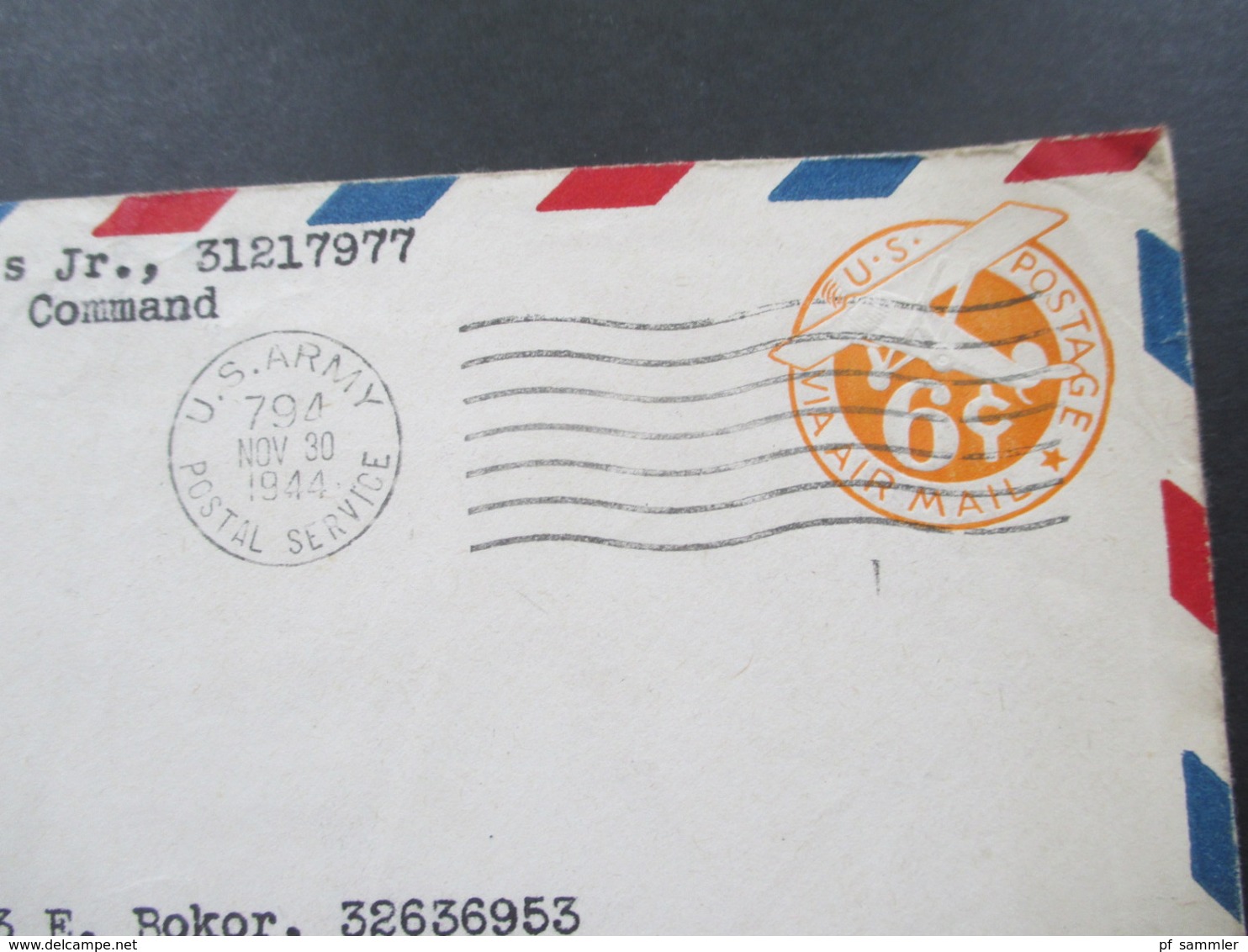 USA 1944 US Army Postal Servive Sgt. C.P. Morris Jr. 31217977 Rome Area Allied Command APO 794 US Army Army Examiner - Briefe U. Dokumente