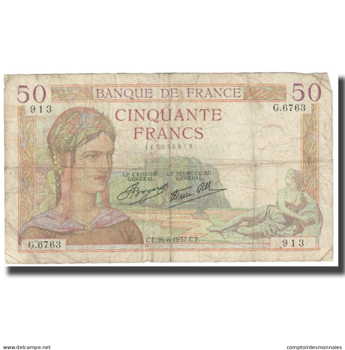 France, 50 Francs, 1937, 1937-08-26, TB, Fayette:18, KM:85a - 50 F 1934-1940 ''Cérès''