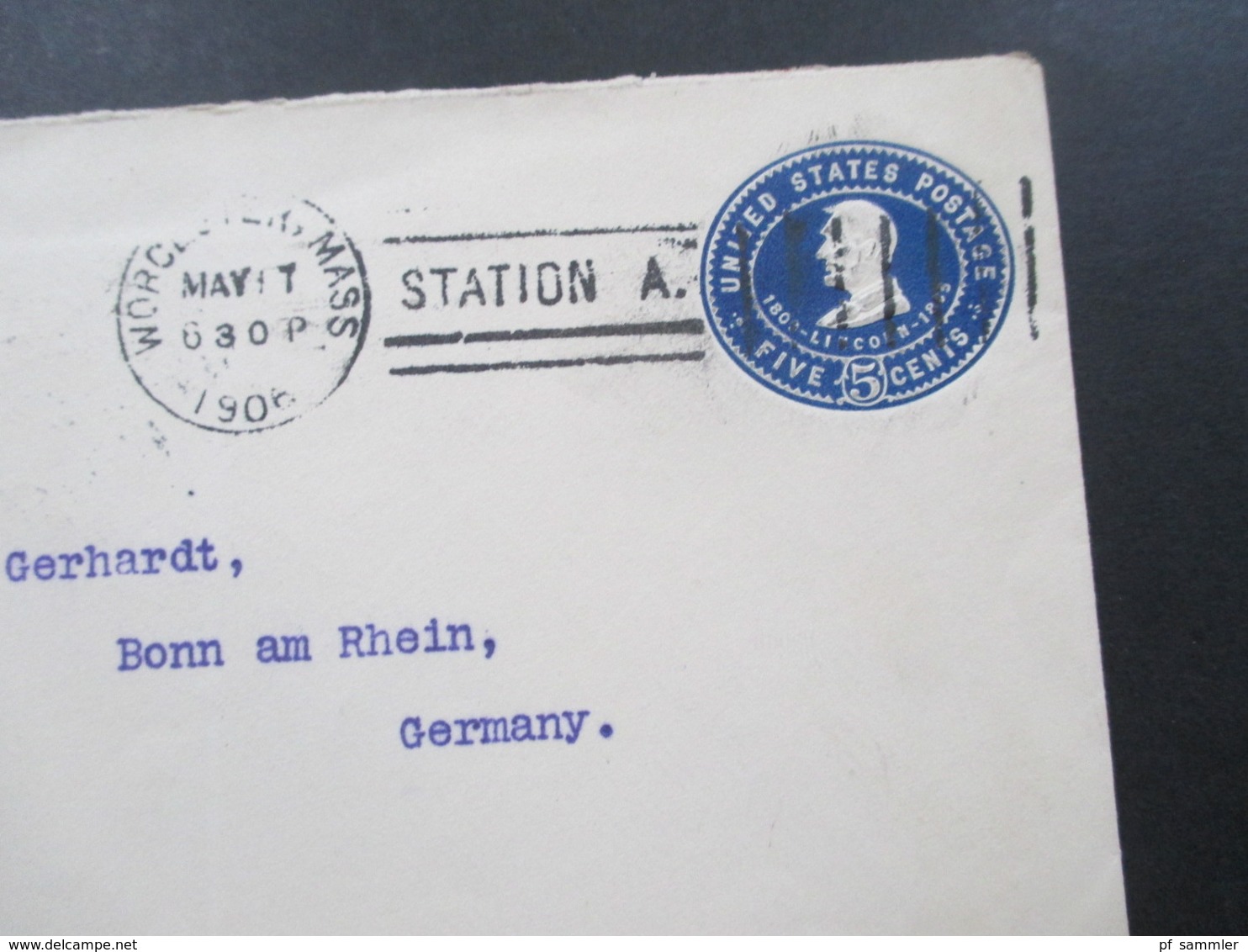 USA 1906 GA Umschlag Stempel Worcester Mass Station A Morgan Construction Co. - Bonn Am Rhein - Briefe U. Dokumente