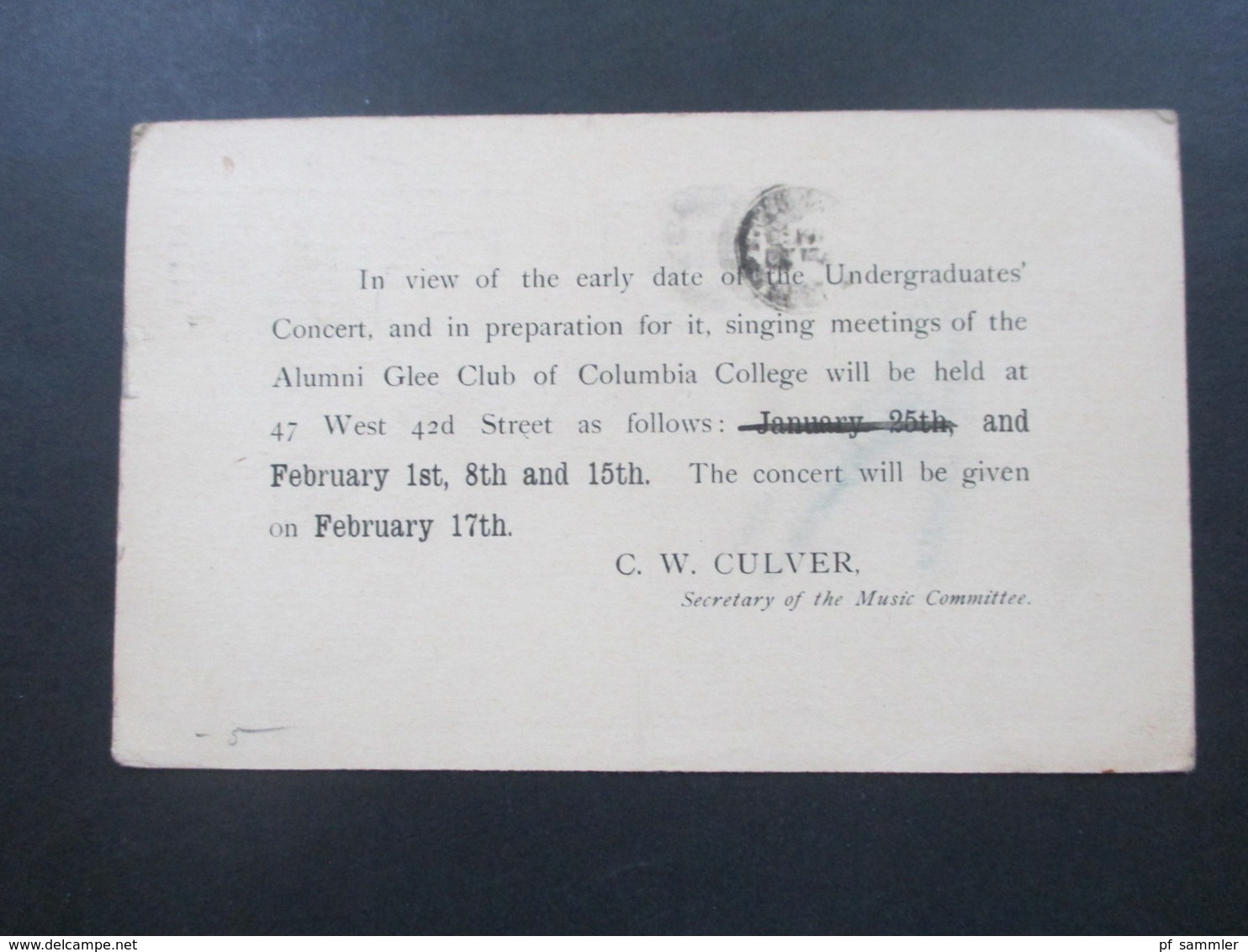 USA 1894 GA / Postkarte New York Und Stempel P NY Paid?? Gedruckte Karte Alumni Glee Club Of Columbia College - Lettres & Documents