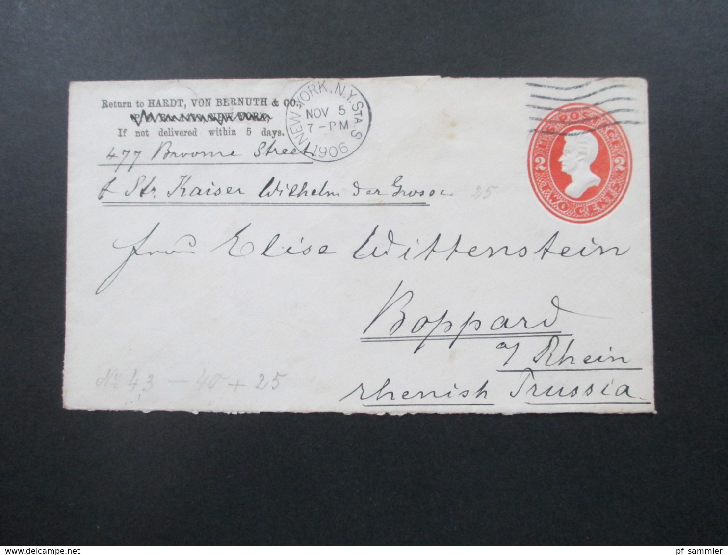 USA 1906 GA Umschlag Schiffspost New York - Boppard Per Steamer Kaiser Wilhelm Dampfer - Storia Postale