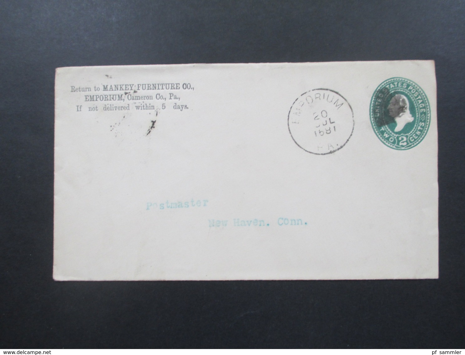 USA 1891 GA Umschlag Emporium Cameron Mankey Furniture Stempel Zahlen Kopfsteher / Verdreht An Postmaster In New Haven - Covers & Documents