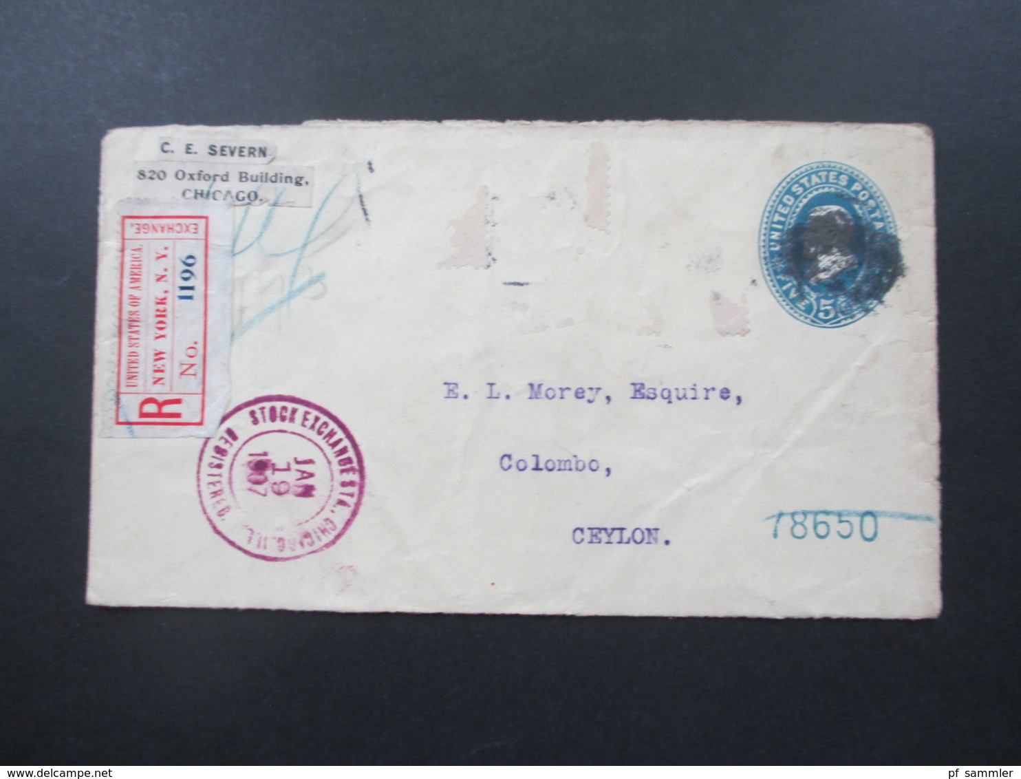 USA 1907 Registered Mail New York Exchange Und Violetter Stp. Stock Exchange Chicagi ILL. Nach Ceylon!! über London - Brieven En Documenten