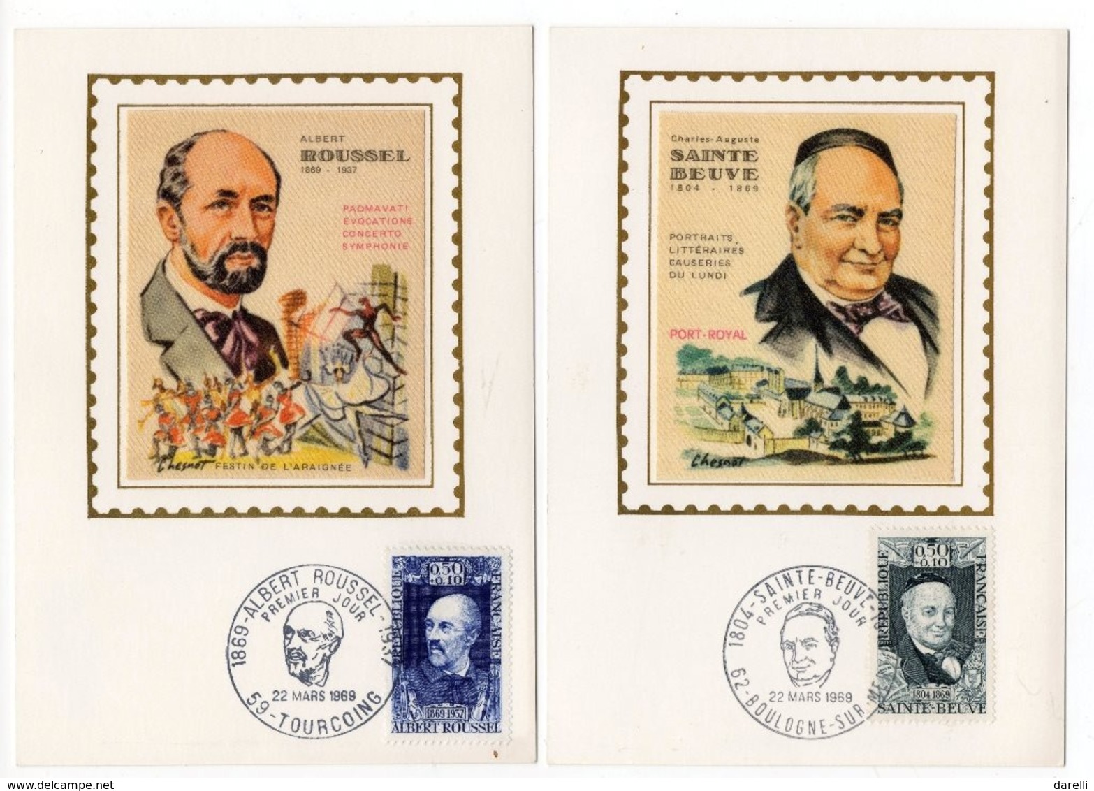 Cartes Maximum 1969 : Cuvier, Gide,Général Marceau,  Maréchal Lannes, Roussel, Sainte Beuve YT 1590 à 1595 - 1960-1969