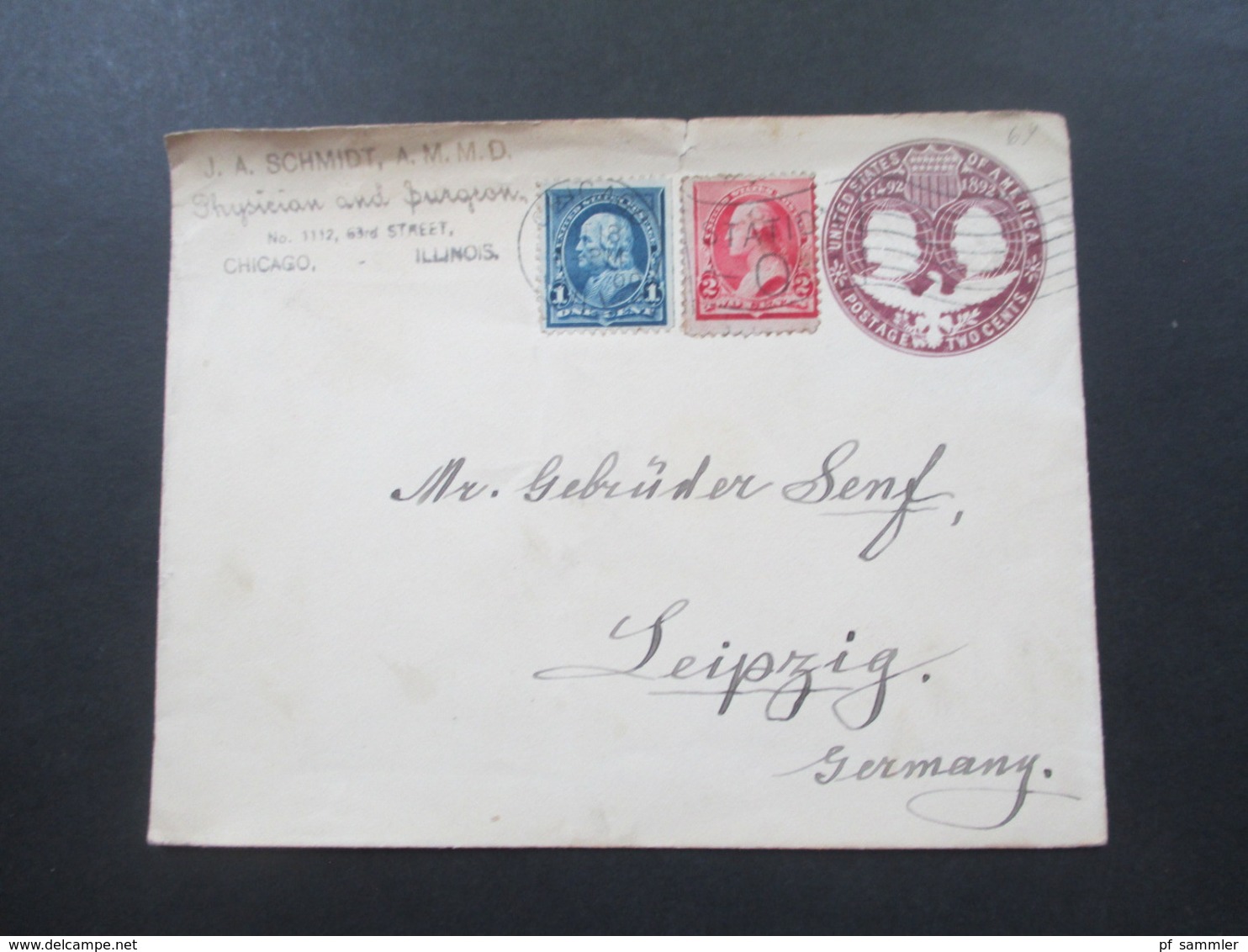 USA 1892 / 1900 GA Umschlag Mit 2 Zusatzfrankaturen An Die Gebrüder Senf Leipzig Stp. Chicago Station 0 - Lettres & Documents