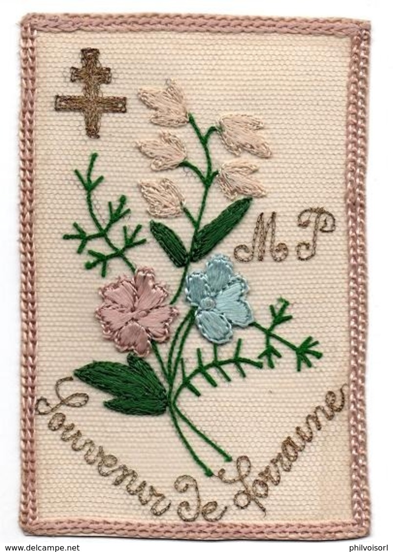 CARTE BRODEE FLEURS SOUVENIR DE LORRAINE M.P. CROIX DE LORRAINE - Ricamate